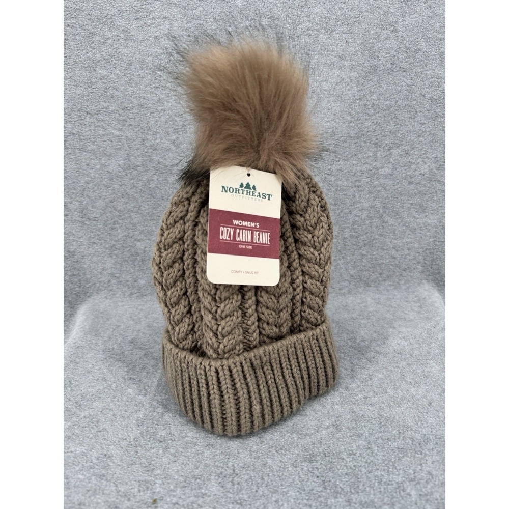 Women's Faux Fur Pom Beanie Knit Winter Hat Cozy Cabin Cable Taupe One Size NWT